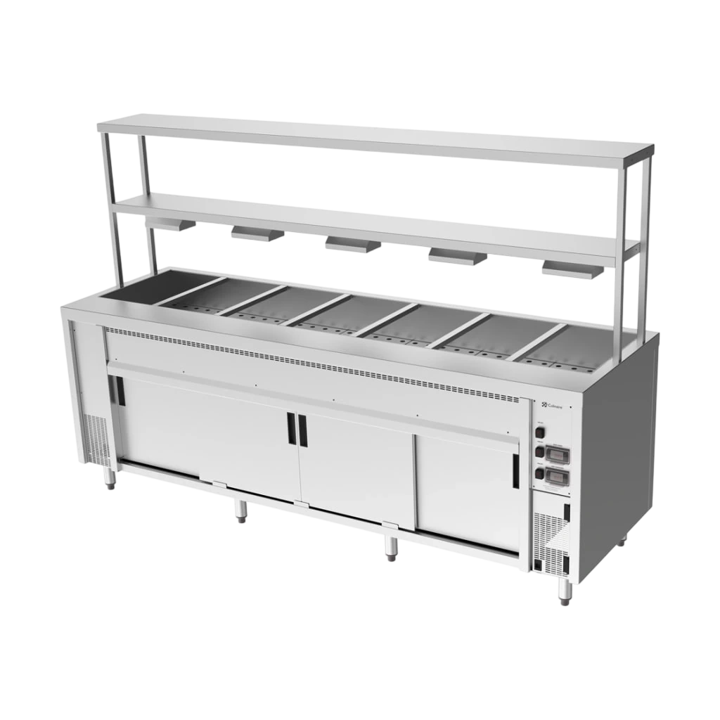Culinaire CH.BMH.I.GDB.7 Hot Food Bain Marie – 7 Bay, Island with 2-Tier Gantry – heat lamps to bottom shelf