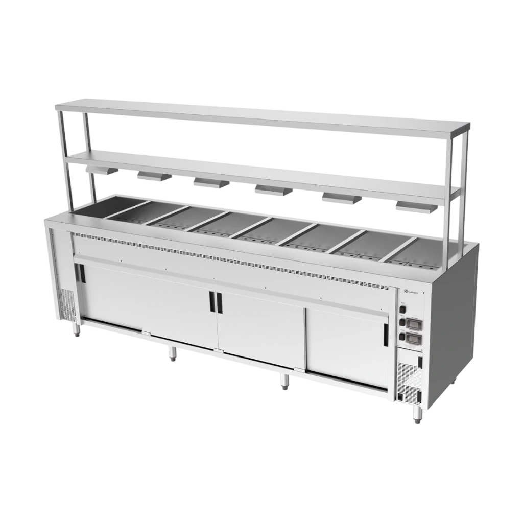 Culinaire CH.BMH.I.GDB.8 Hot Food Bain Marie – 8 Bay, Island with 2-Tier Gantry – heat lamps to bottom shelf