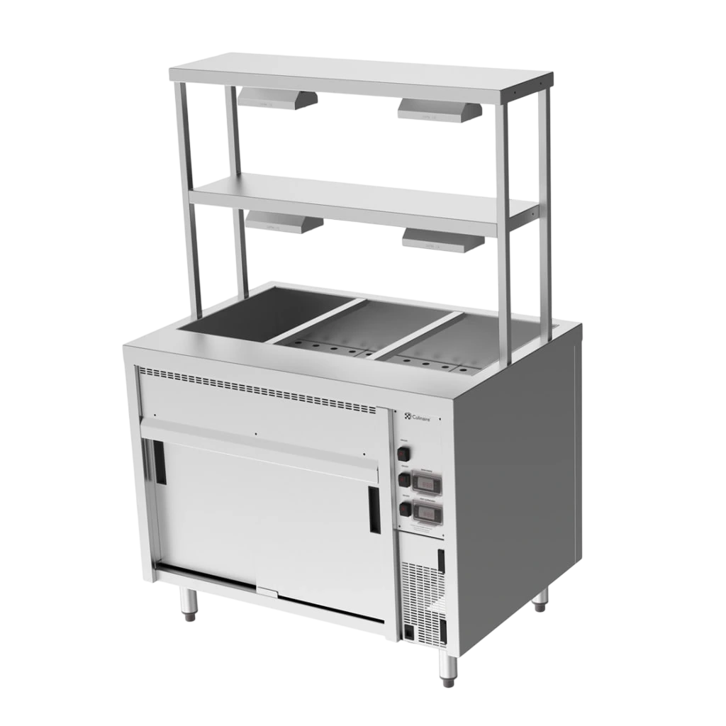 Culinaire CH.BMH.I.GDD.3 Hot Food Bain Marie – 3 Bay, Island with 2-Tier Gantry – heat lamps to both shelves