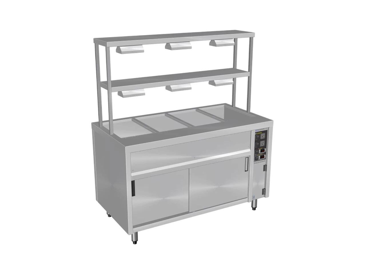 Culinaire CH.BMH.I.GDD.4 Hot Food Bain Marie – 4 Bay, Island with 2-Tier Gantry – heat lamps to both shelves