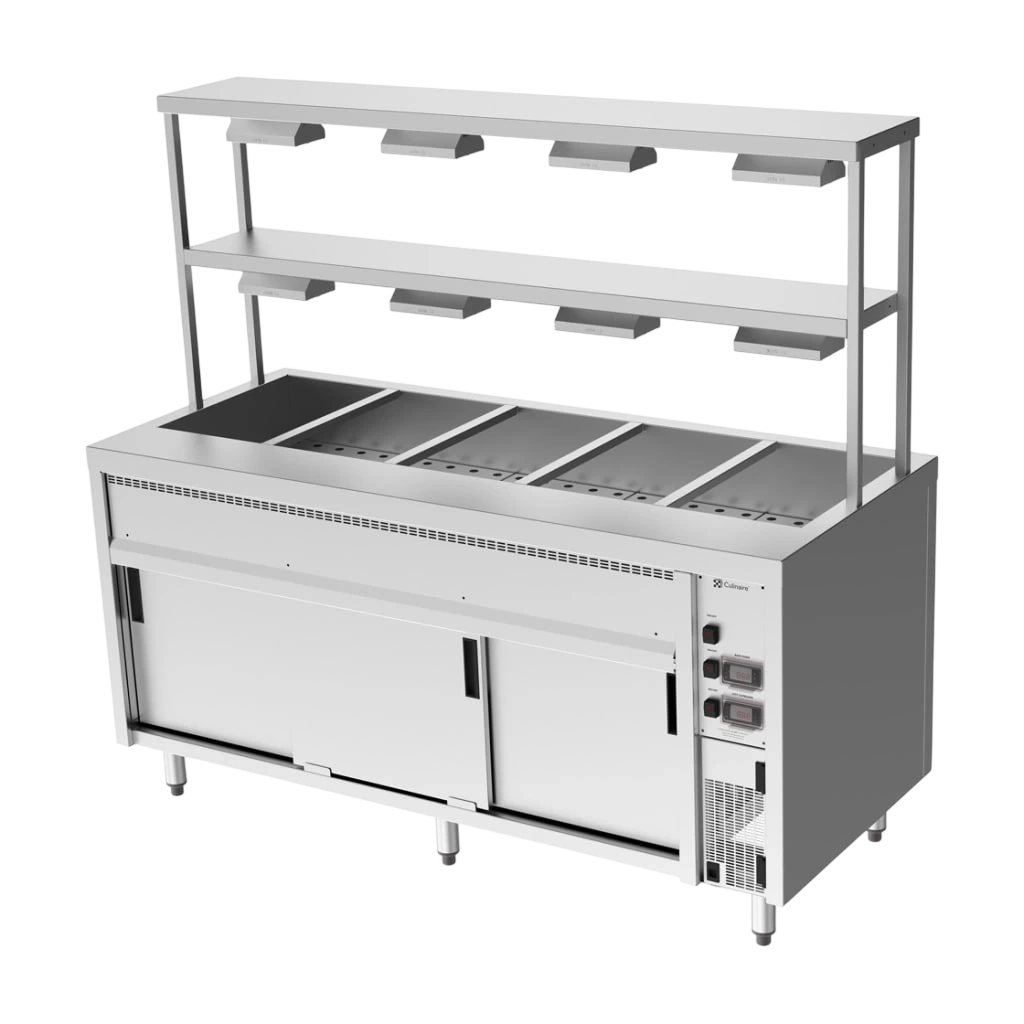 Culinaire CH.BMH.I.GDD.5 Hot Food Bain Marie – 5 Bay, Island with 2-Tier Gantry – heat lamps to both shelves