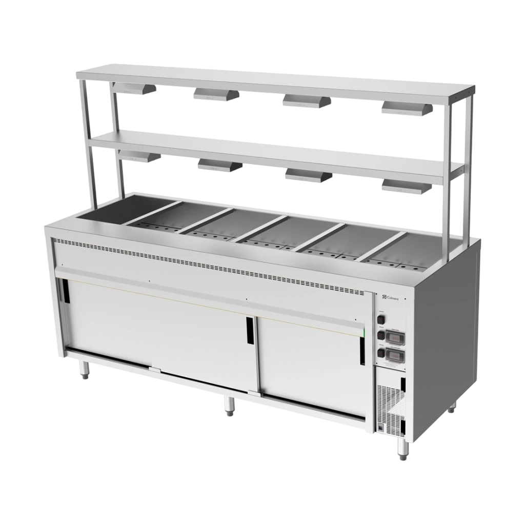 Culinaire CH.BMH.I.GDD.6 Hot Food Bain Marie – 6 Bay, Island with 2-Tier Gantry – heat lamps to both shelves