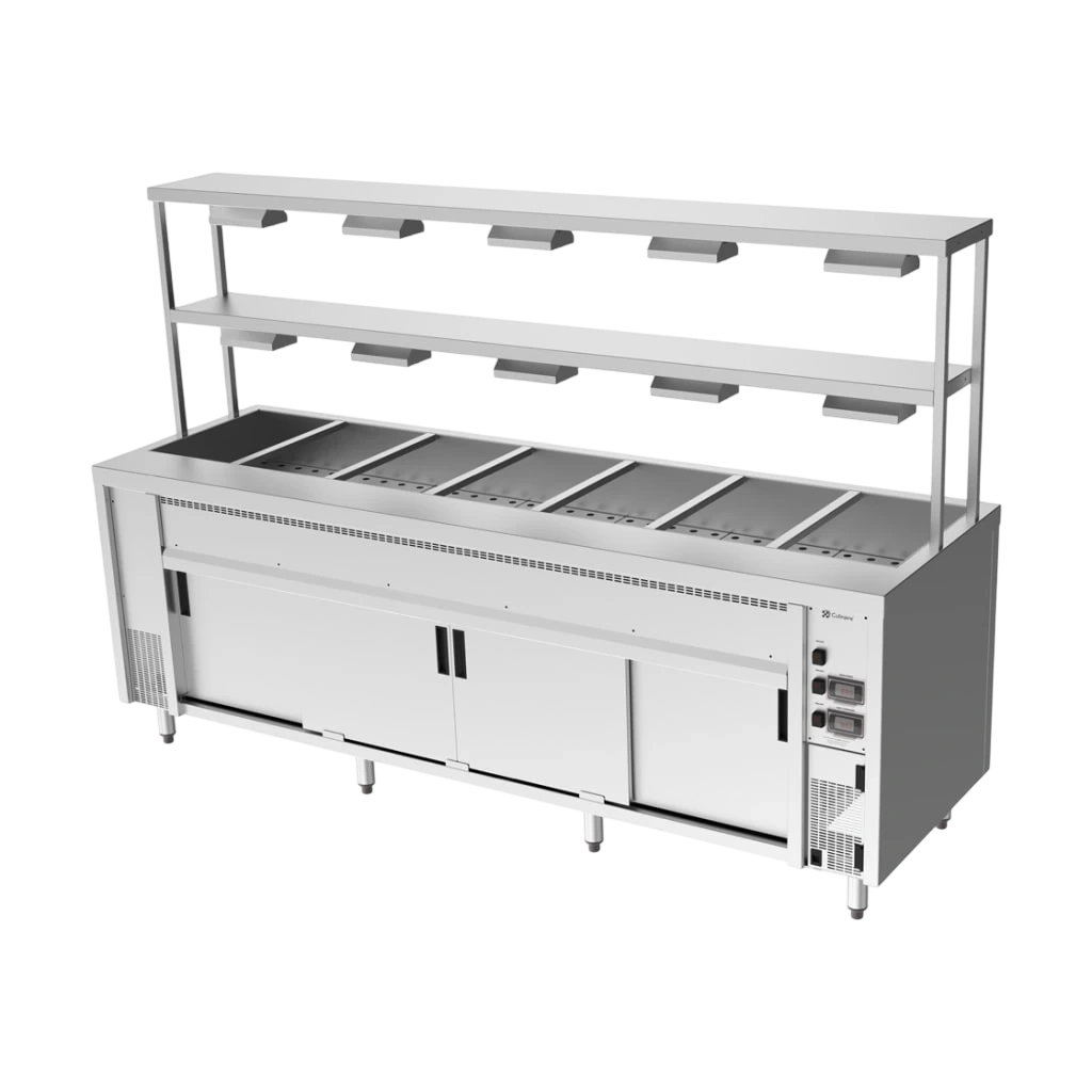 Culinaire CH.BMH.I.GDD.7 Hot Food Bain Marie – 7 Bay, Island with 2-Tier Gantry – heat lamps to both shelves