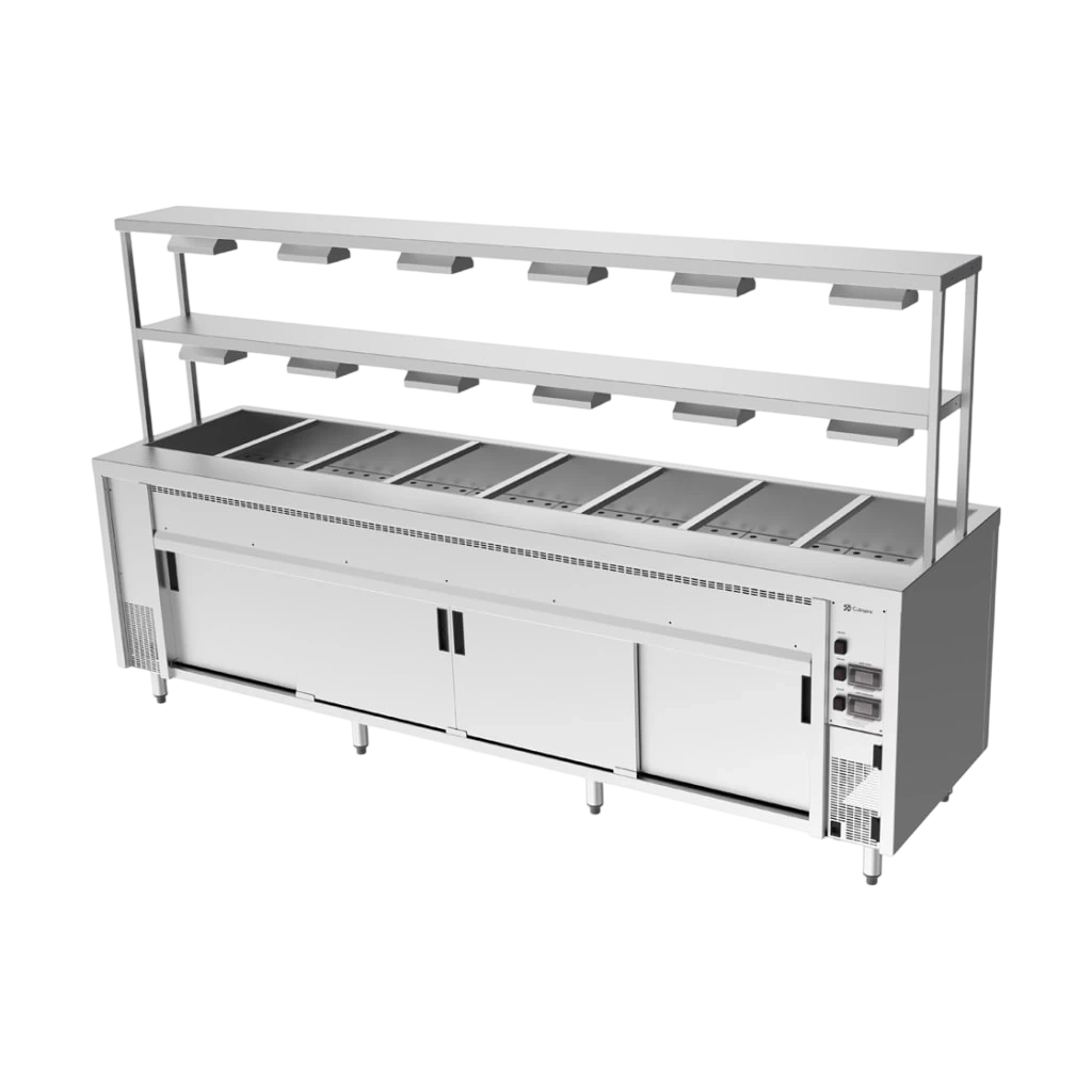 Culinaire CH.BMH.I.GDD.8 Hot Food Bain Marie – 8 Bay, Island with 2-Tier Gantry – heat lamps to both shelves