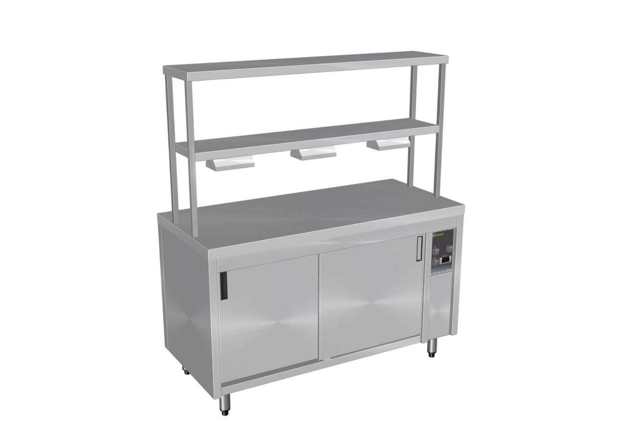 Culinaire CH.HC.I.GDB.4 Hot Food Bain Marie – 4 Bay, Island with 2 Tier Gantry – heat lamps to bottom shelf