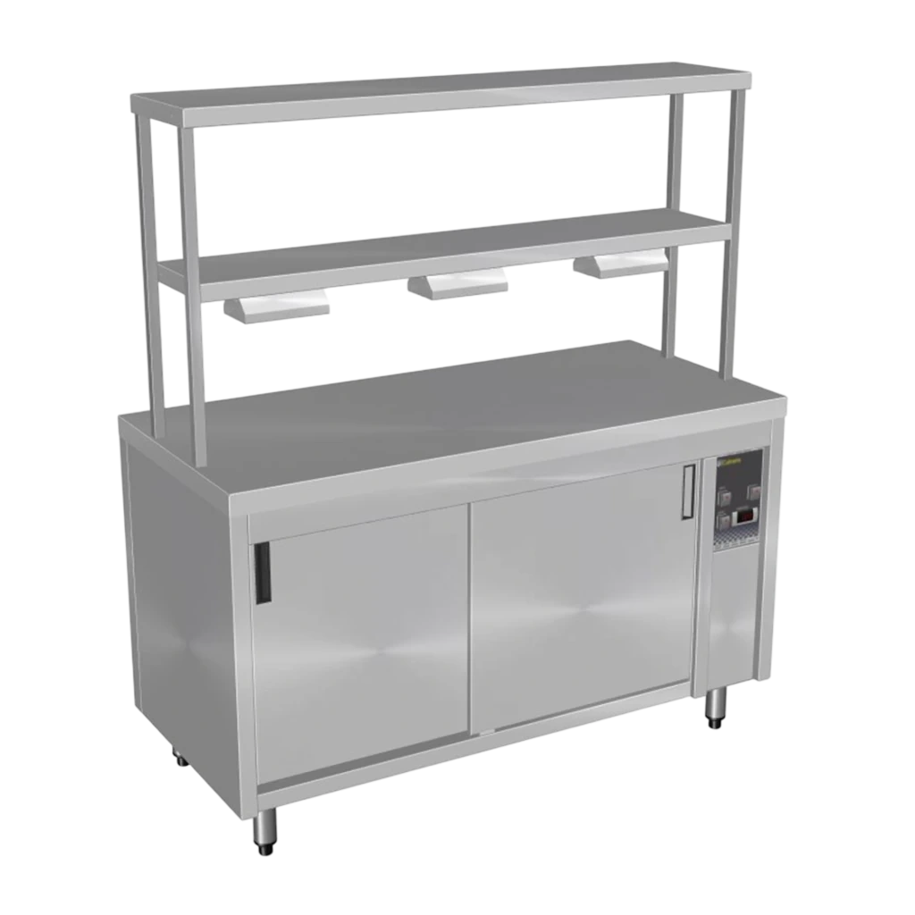Culinaire CH.HC.I.GDB.8 Hot Food Bain Marie – 8 Bay, Island with 2 Tier Gantry – heat lamps to bottom shelf