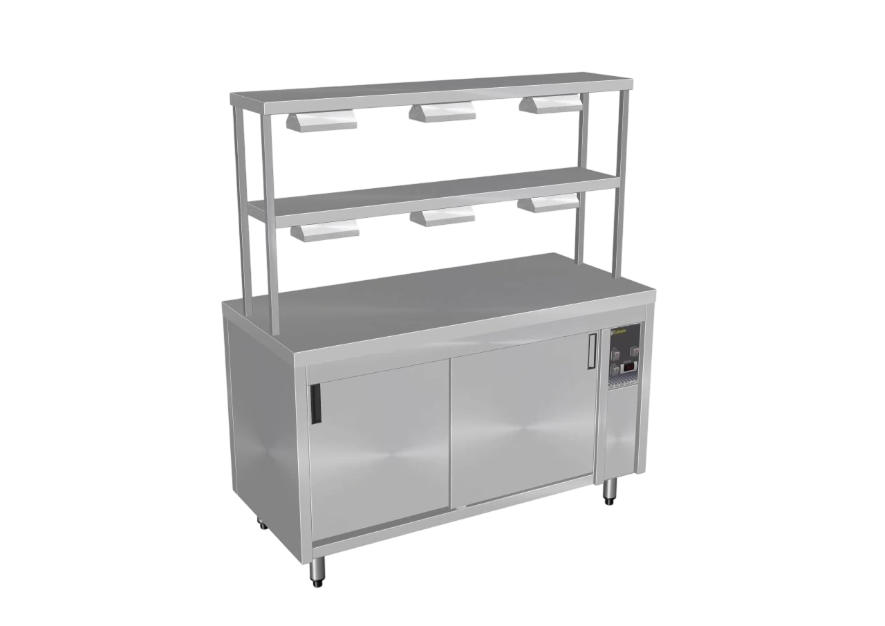 Culinaire CH.HC.I.GDD.4 Hot Food Bain Marie – 4 Bay, Island with 2 Tier Gantry – heat lamps to both shelves