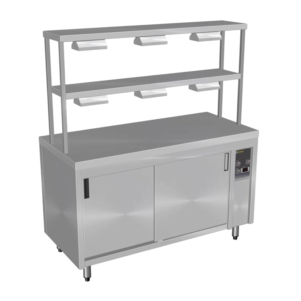 Culinaire CH.HC.I.GDD.6 Hot Food Bain Marie – 6 Bay, Island with 2 Tier Gantry – heat lamps to both shelves