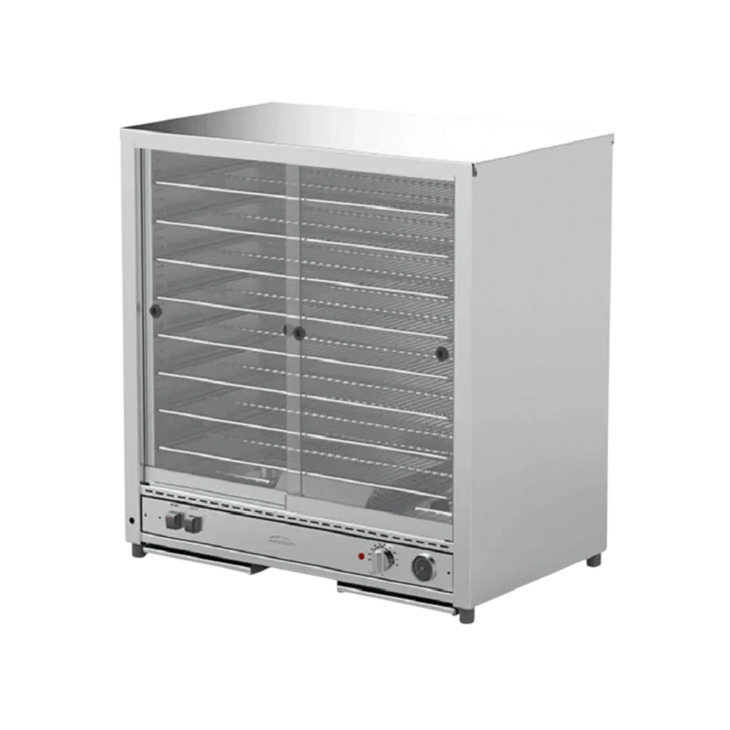 Woodson W.PIP200N 200-pie warmer with glass sliding doors and solid stainless panel