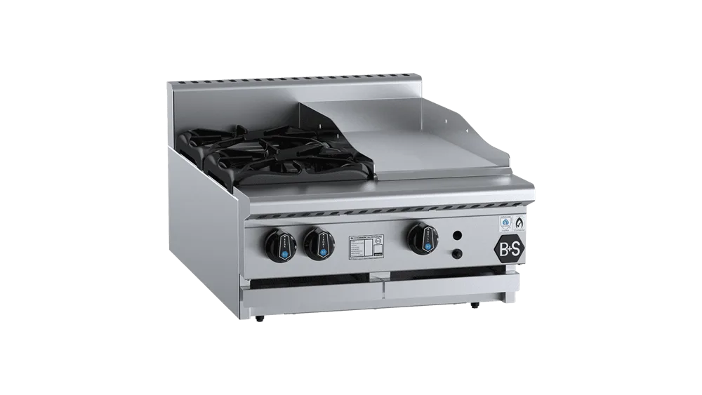 B+S BT-SB2-GRP3BM Combination Two Open Burners & 300mm Grill Plate Bench Mounted