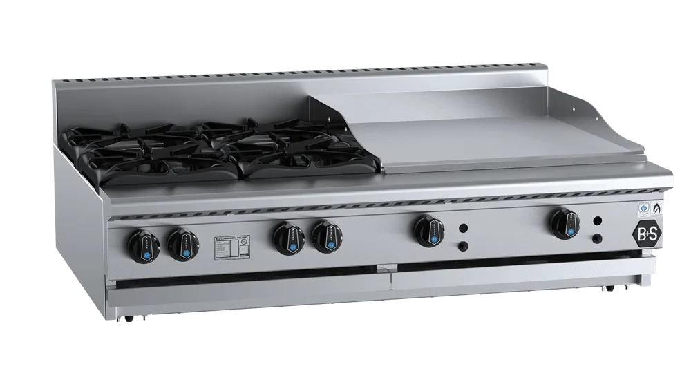 B+S BT-SB4-GRP6BM Combination Four Open Burners & 600 mm Grill Plate Bench Mounted