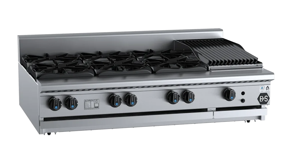 B+S BT-SB6-CBR3BM Combination Six Open Burners & 300mm Char Broiler Bench Mounted