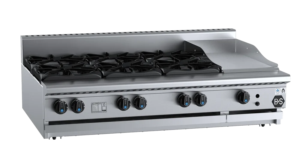 B+S BT-SB6-GRP3BM Combination Six Open Burners & 300mm Grill Plate Bench Mounted