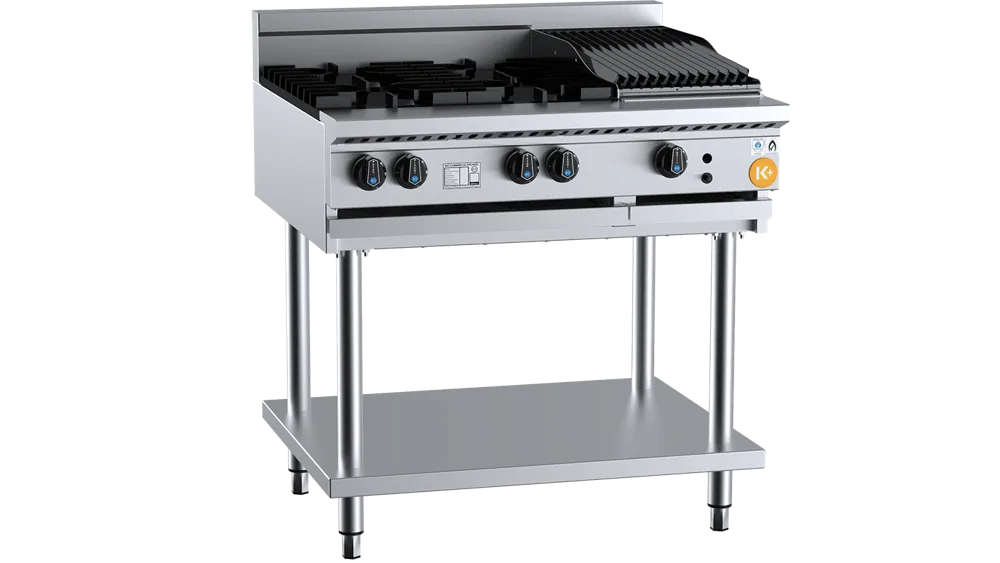 B+S KBT-SB4-CBR3BM Combination Four Open Burners & 300mm Char Broiler Bench Mounted