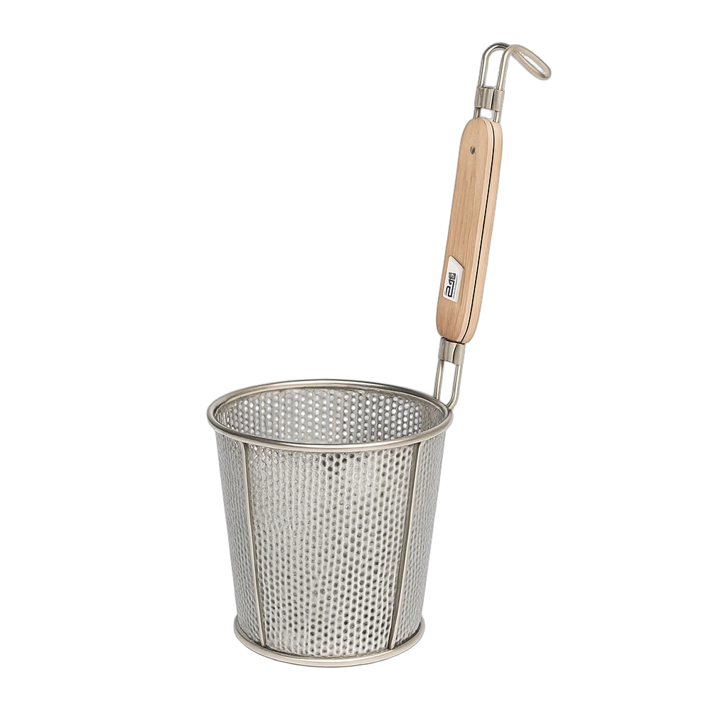 Kitchen Knock 045059 Noodle Basket Perforated - Flat Bottom - Wooden Handle - Ø140mm - HN550265