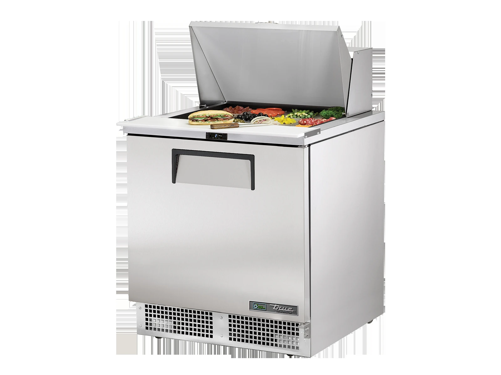 True TFP-32-12M-HC Prep Table, 12x 1/6 Top Pans, 1 Solid Swing Door