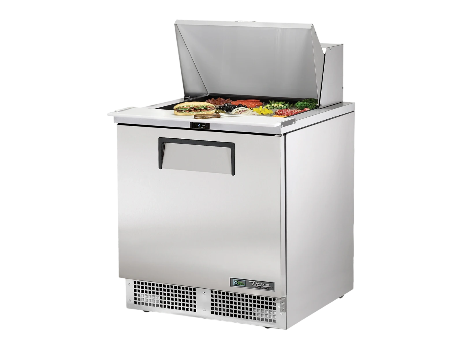 True TFP-32-12M-HC Prep Table, 12x 1/6 Top Pans, 1 Solid Swing Door