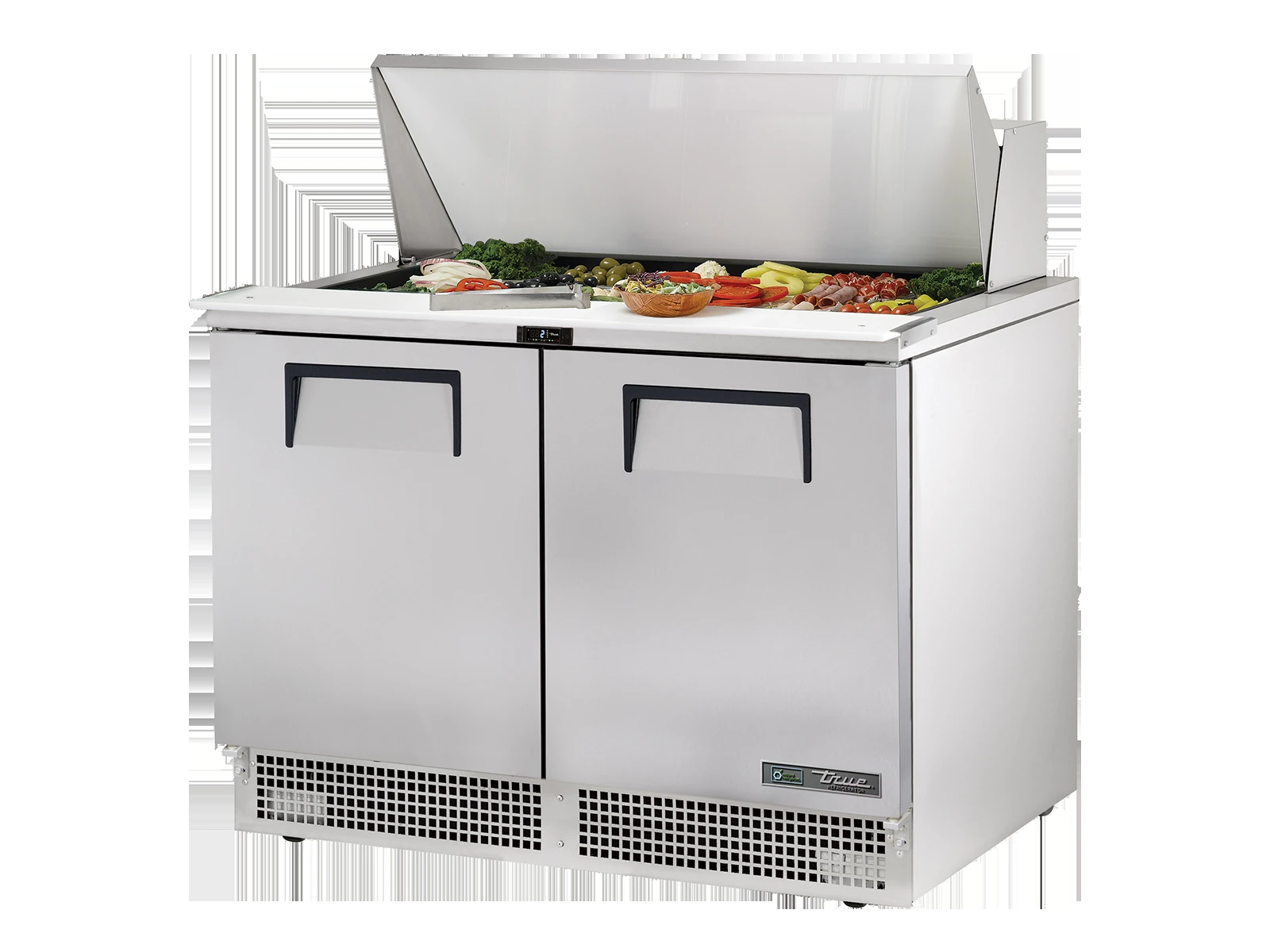 True TFP-48-18M-HC Prep Table, 18x 1/6 Top Pans, 2 Solid Swing Doors