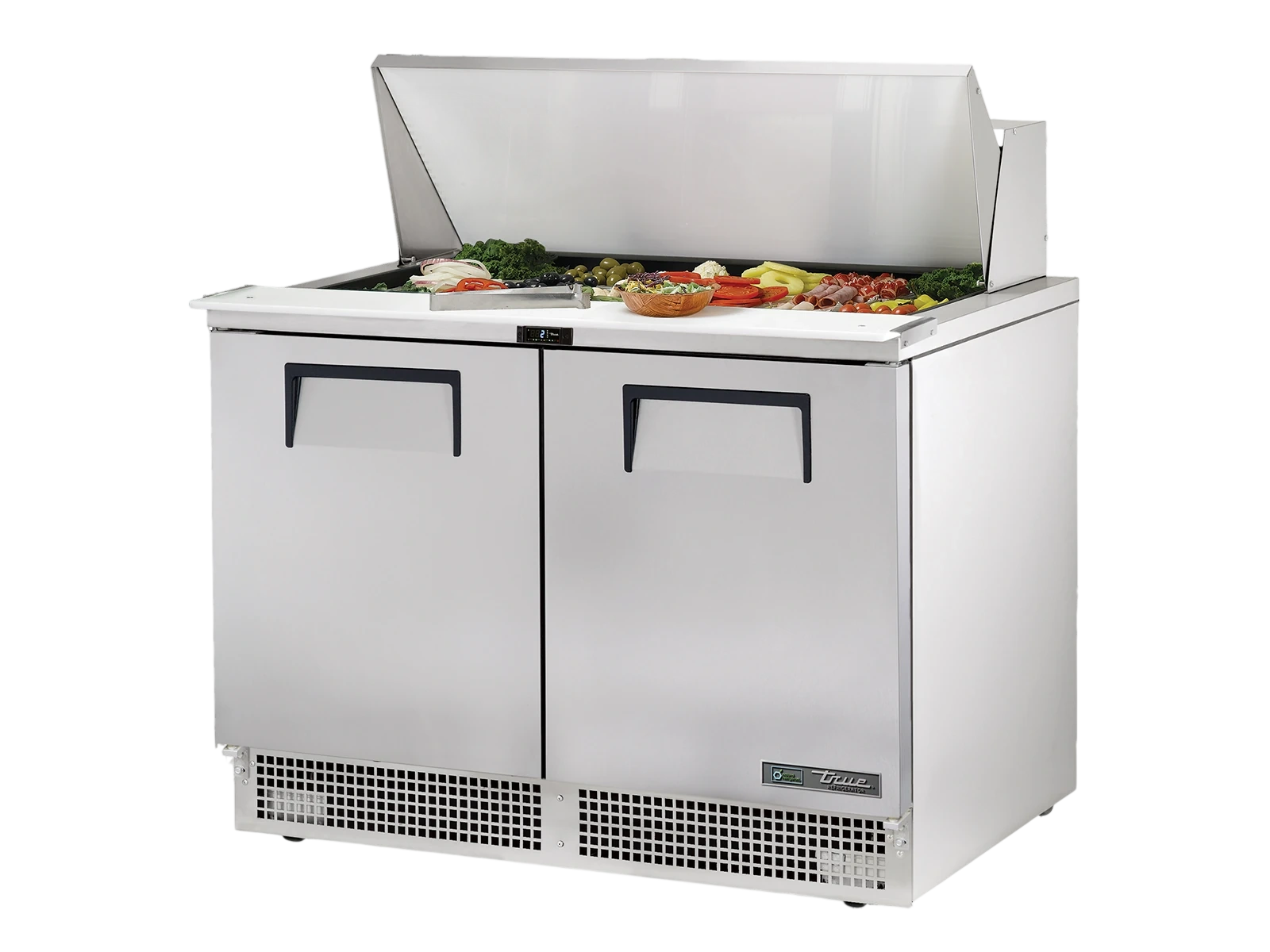 True TFP-48-18M-HC Prep Table, 18x 1/6 Top Pans, 2 Solid Swing Doors