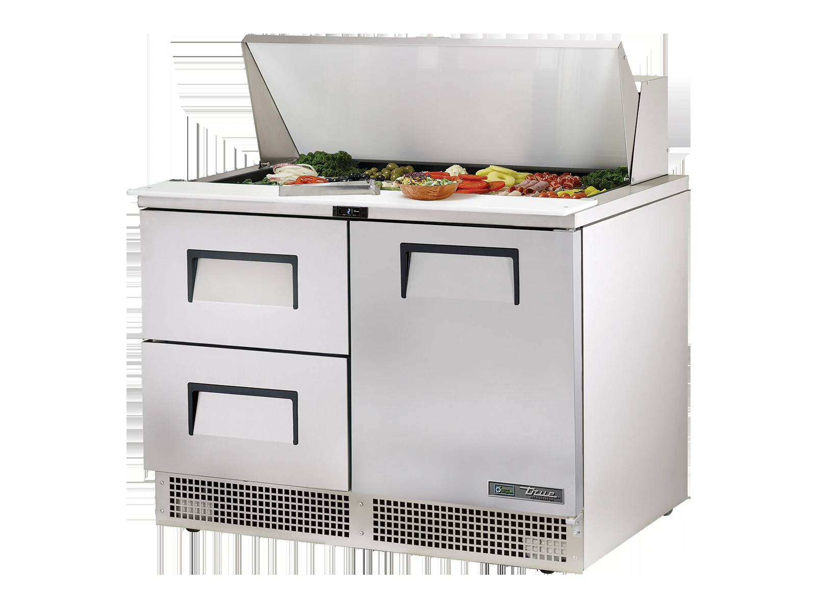 True TFP-48-18M-D-2-HC Prep Table, 18x 1/6 Top Pans, 2 Drawers + 1 Solid Swing Door