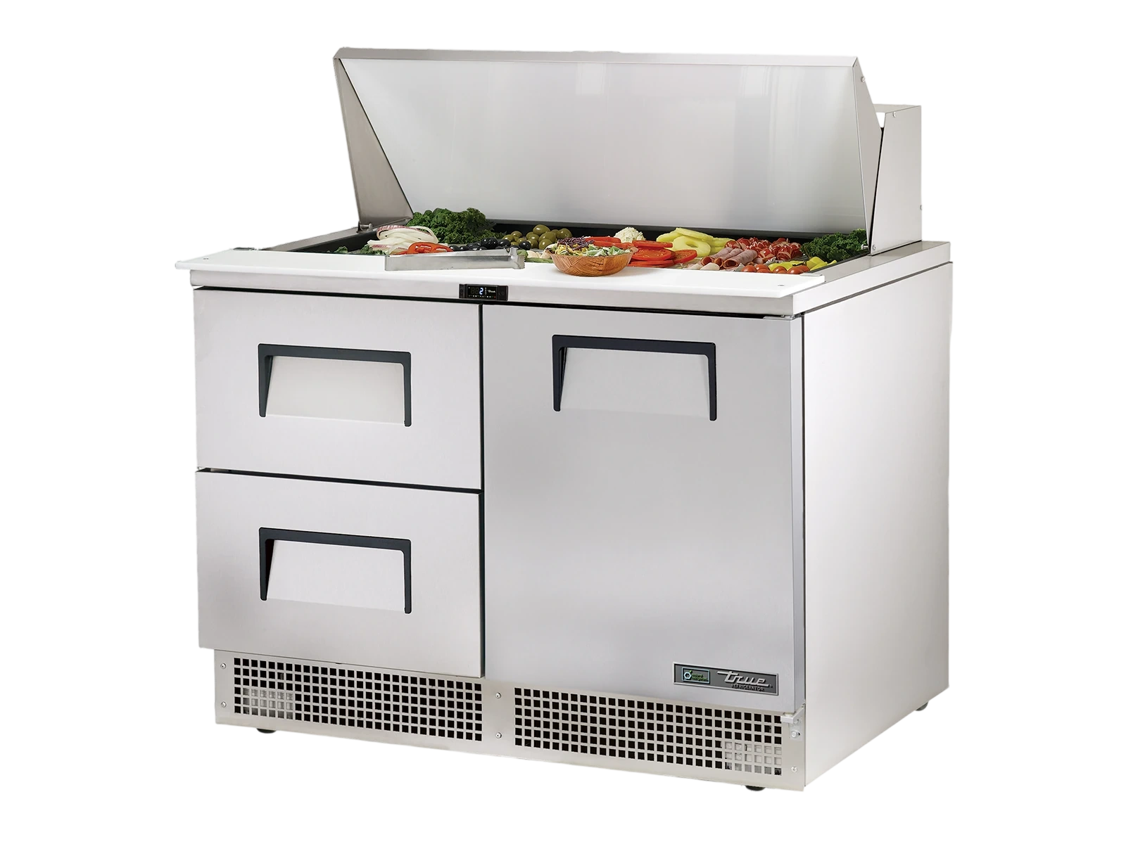 True TFP-48-18M-D-2-HC Prep Table, 18x 1/6 Top Pans, 2 Drawers + 1 Solid Swing Door