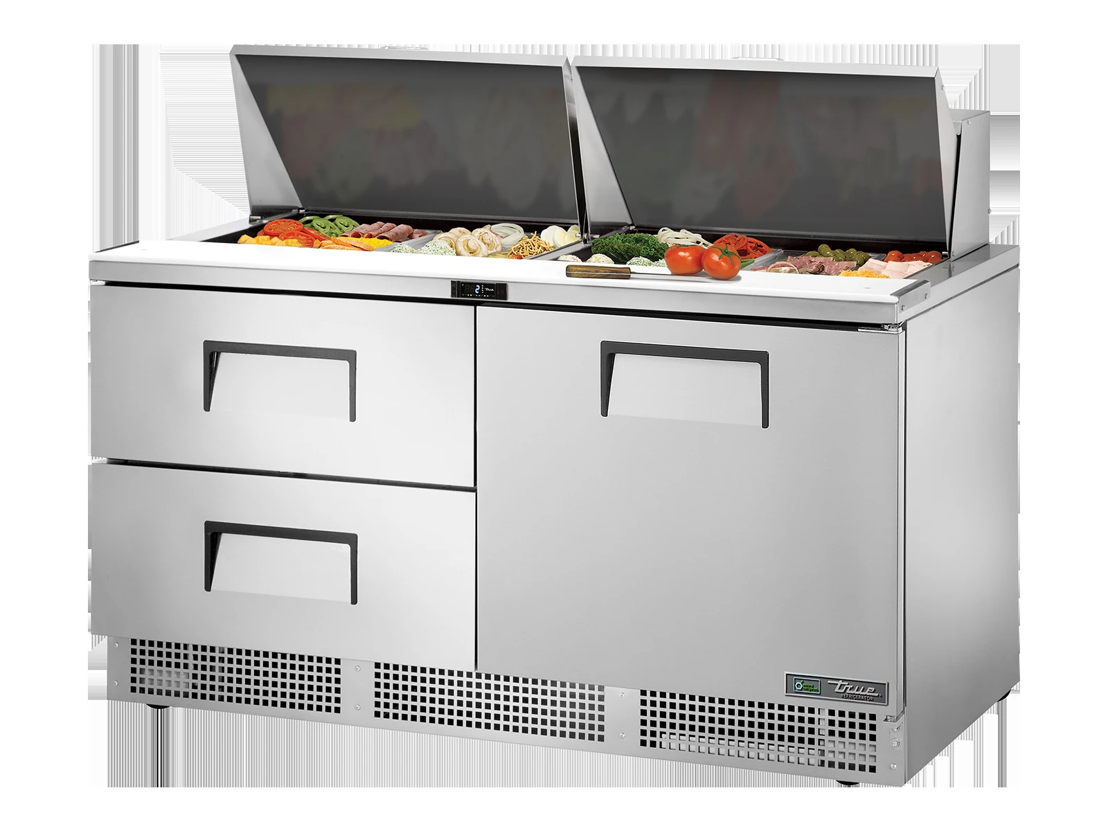 True TFP-64-24M-D-2-HC Prep Table, 24x 1/6 Top Pans, 2 Drawers + 1 Solid Swing Door