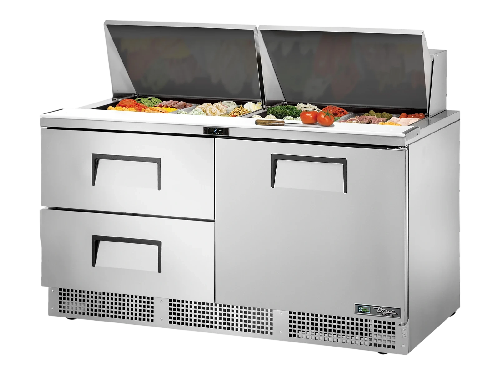 True TFP-64-24M-D-2-HC Prep Table, 24x 1/6 Top Pans, 2 Drawers + 1 Solid Swing Door