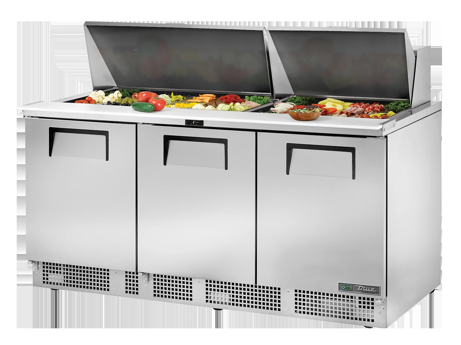 True TFP-72-30M-HC Prep Table, 30x 1/6 Top Pans, 3 Solid Swing Doors