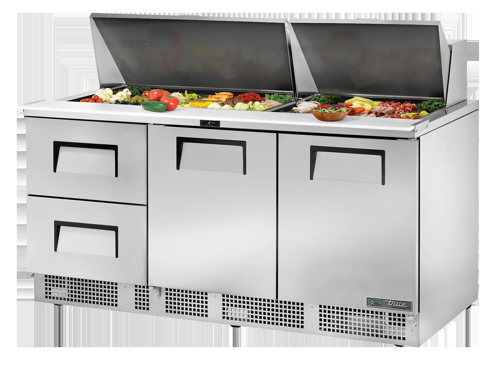 True TFP-72-30M-D-2-HC Prep Table, 30x 1/6 Top Pans, 2 Drawers + 2 Solid Swing Doors