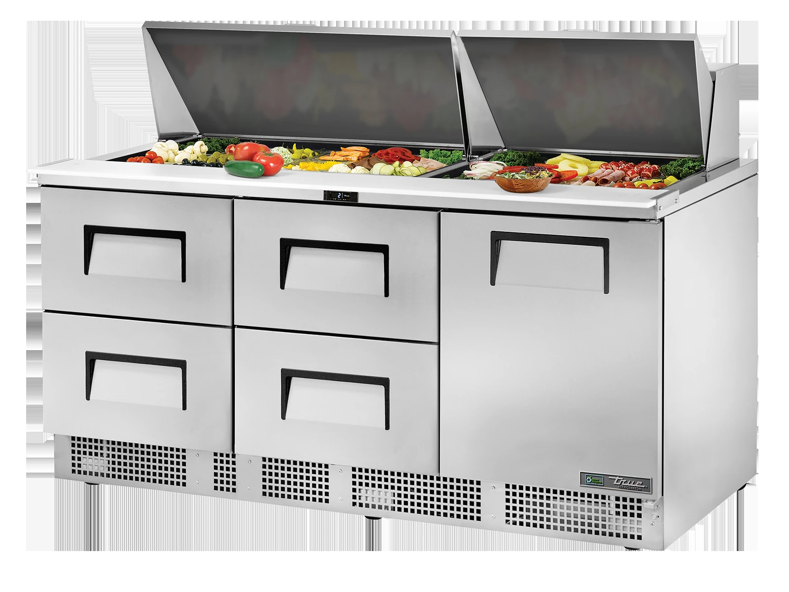 True TFP-72-30M-D-4-HC Prep Table, 30x 1/6 Top Pans, 4 Drawers + 1 Solid Swing Door