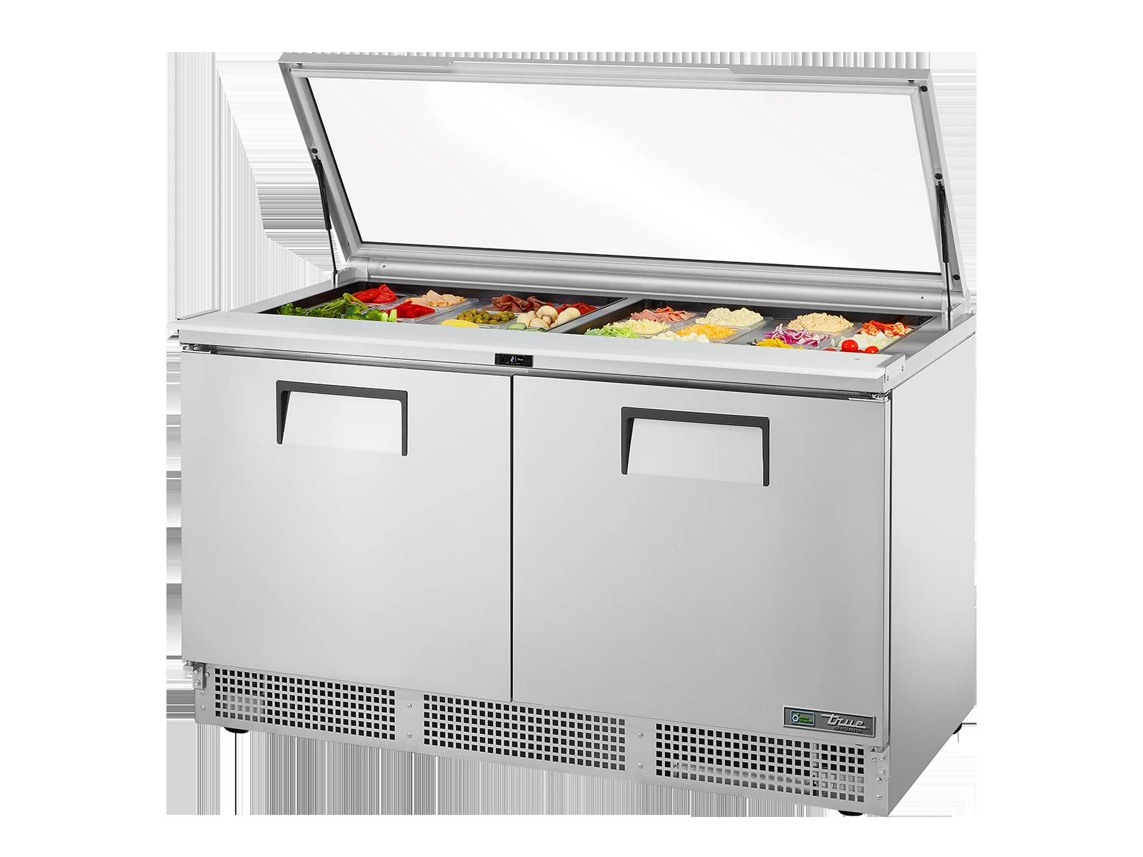 True TFP-64-24M-FGLID-HC Glass Lid Prep Table, 24x 1/6 Top Pans, 2 Solid Swing Doors