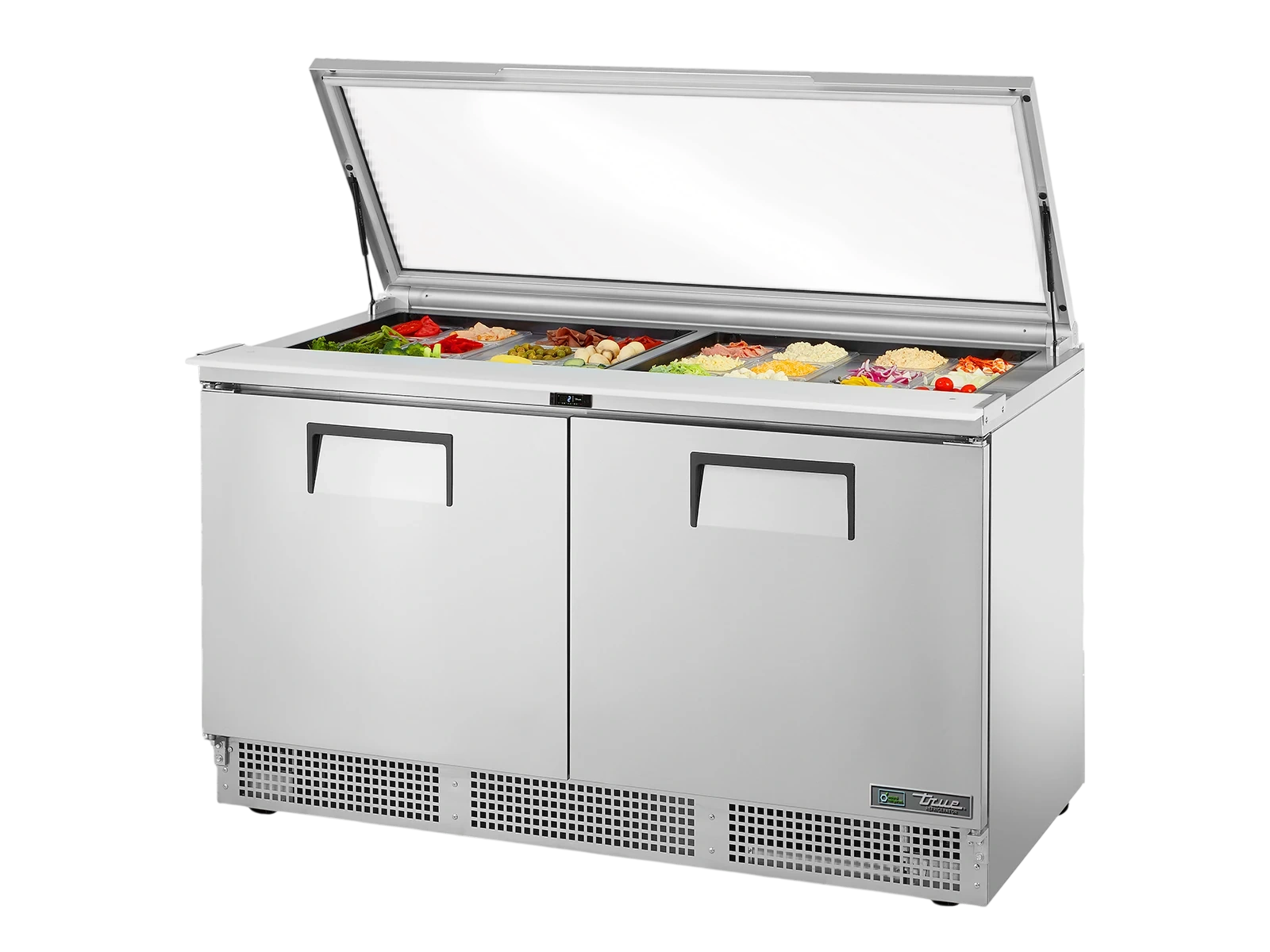 True TFP-64-24M-FGLID-HC Glass Lid Prep Table, 24x 1/6 Top Pans, 2 Solid Swing Doors
