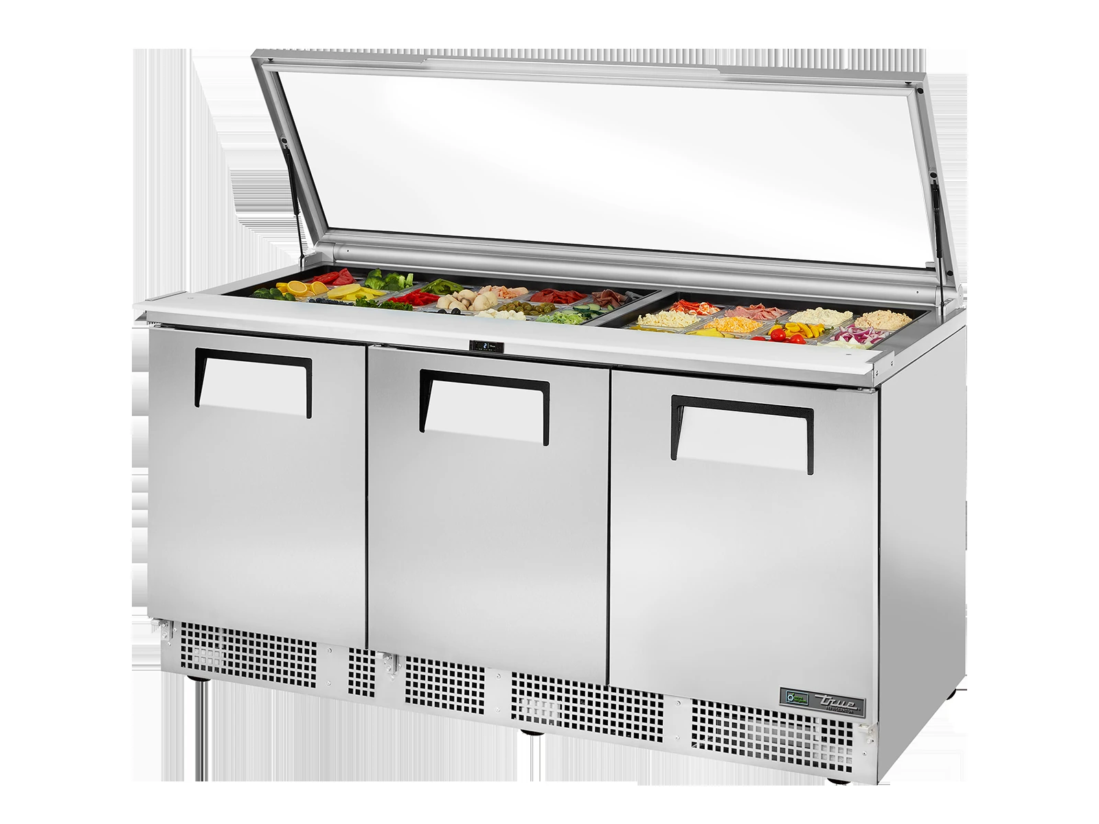 True TFP-72-30M-FGLID-HC Glass Lid Prep Table, 30x 1/6 Top Pans, 3 Solid Swing Doors