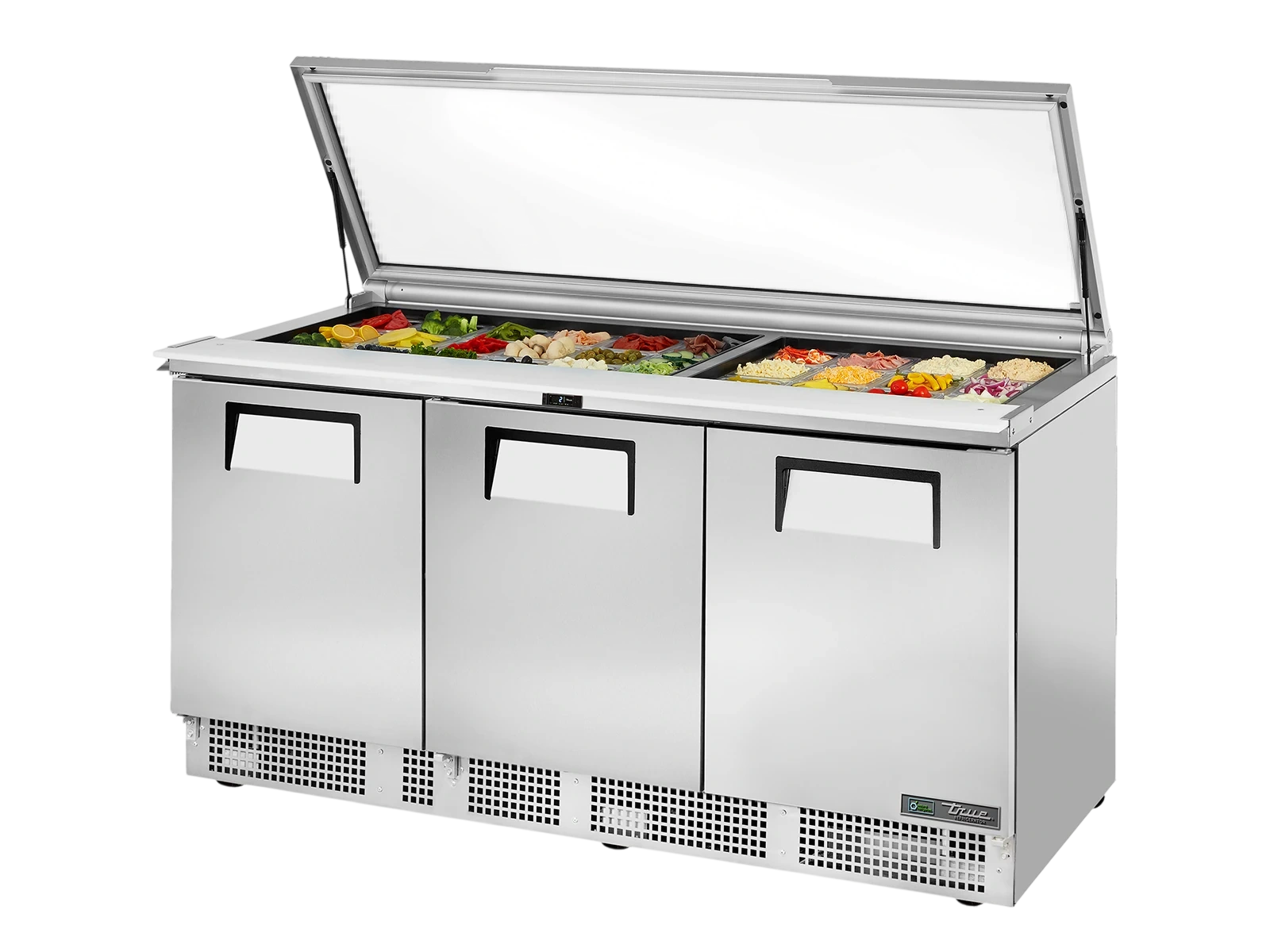 True TFP-72-30M-FGLID-HC Glass Lid Prep Table, 30x 1/6 Top Pans, 3 Solid Swing Doors
