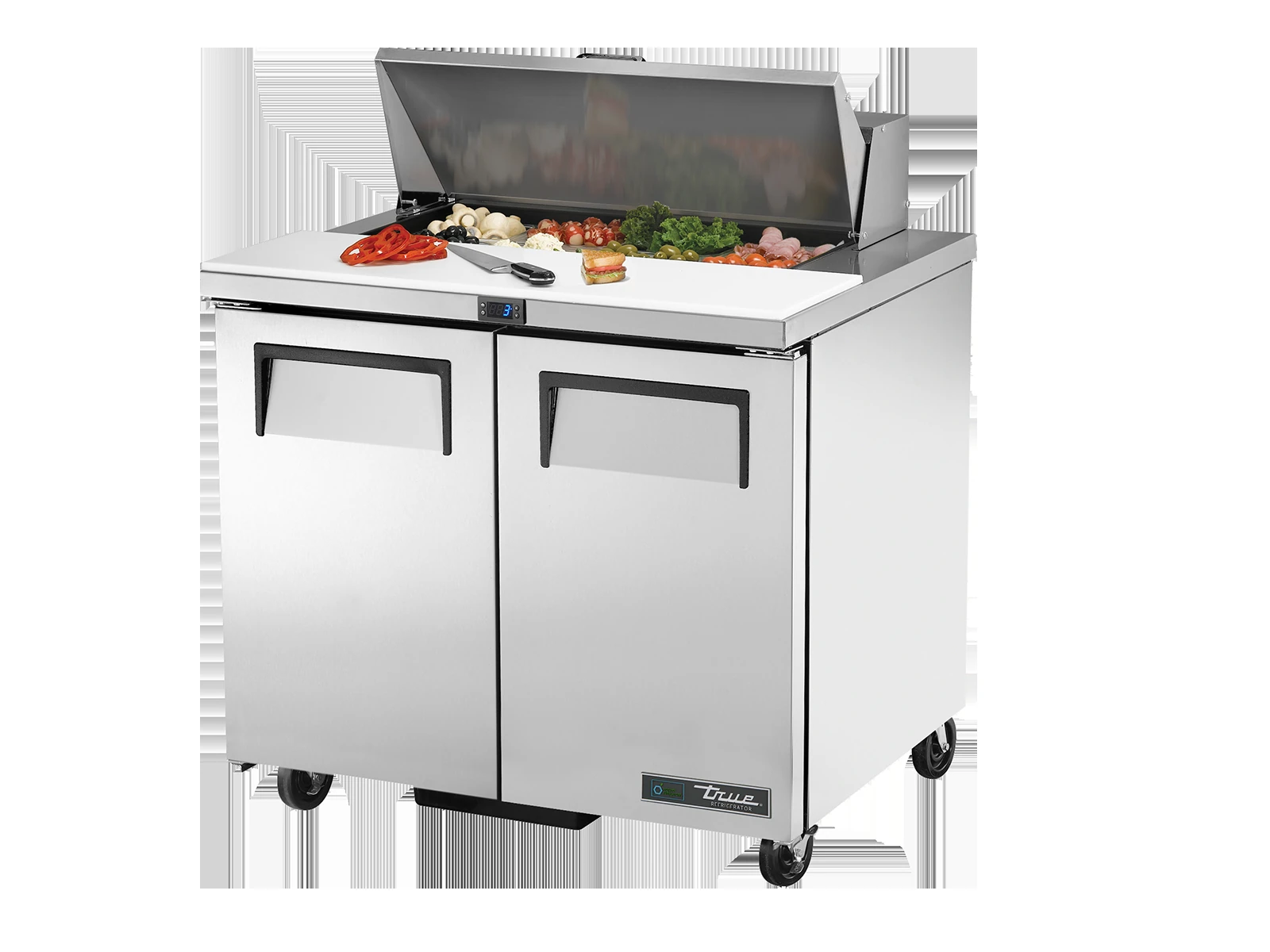 True TSSU-36-08-HC Prep Table, 8x 1/6 Top Pans, 2 Solid Swing Doors