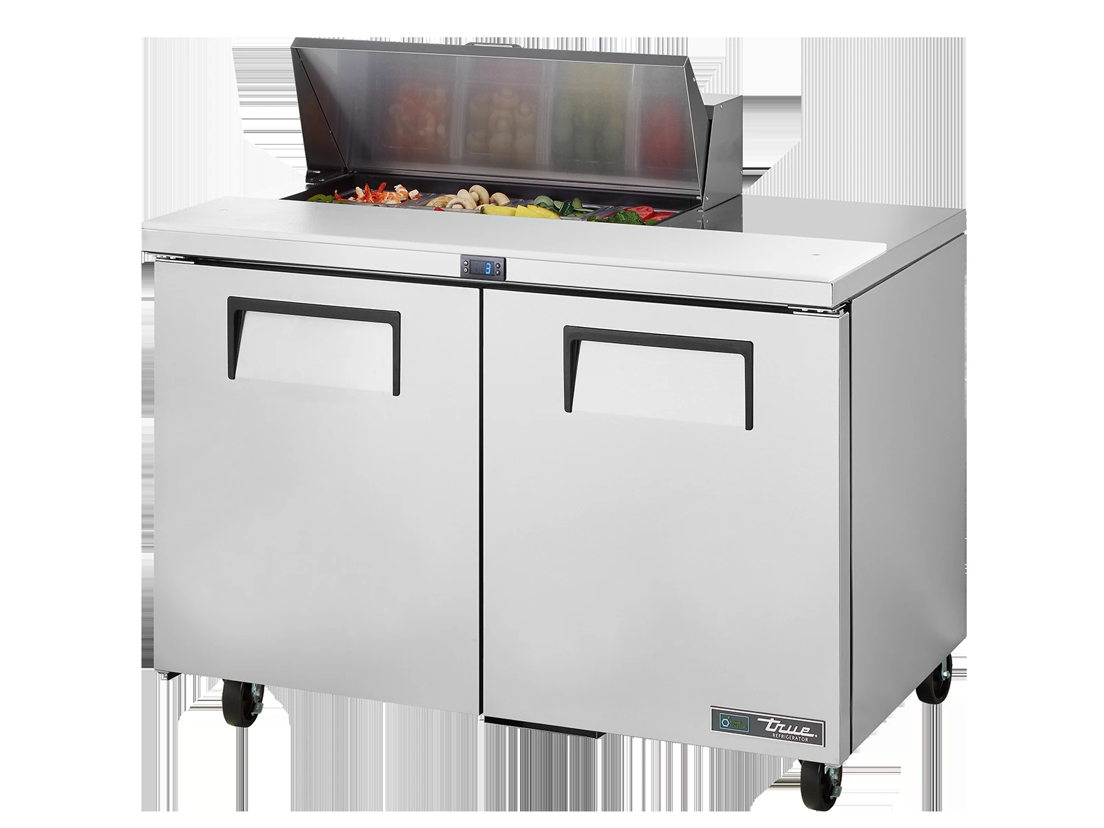 True TSSU-48-08-HC Prep Table, 8x 1/6 Top Pans, 2 Solid Swing Doors