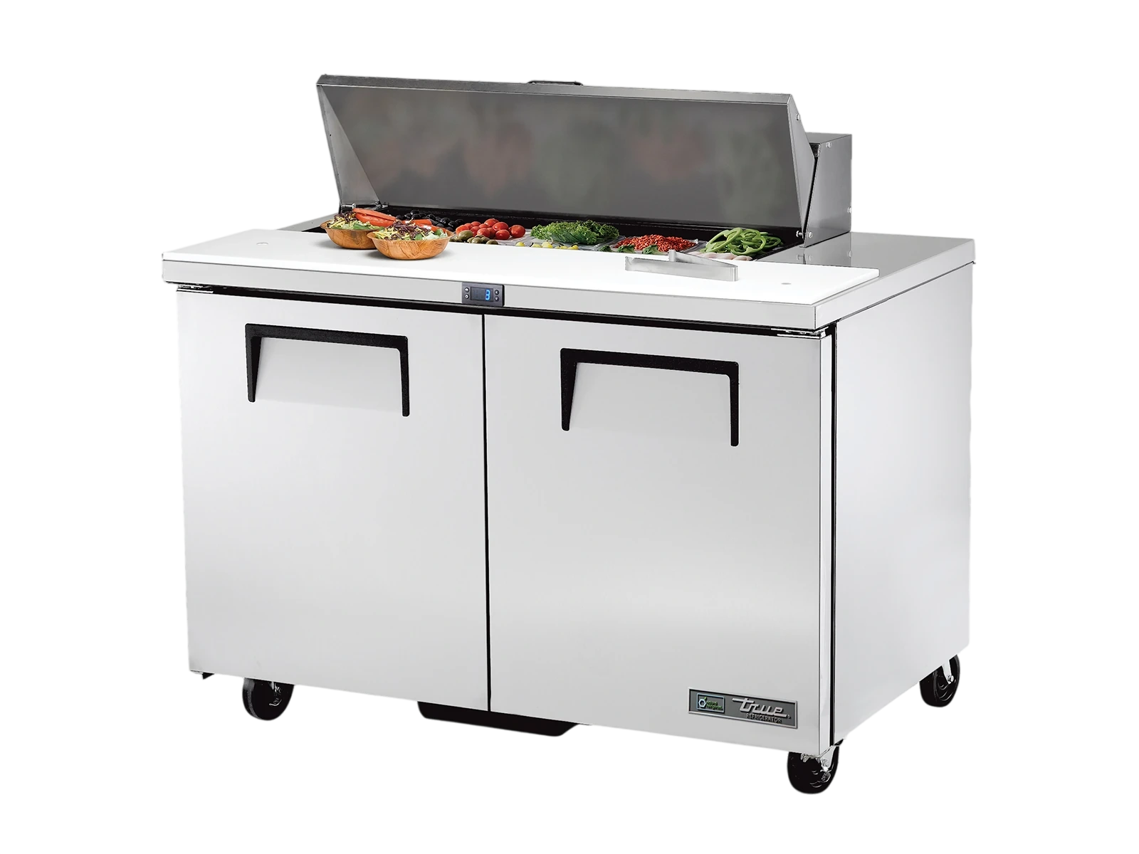 True TSSU-48-10-HC Prep Table, 10x 1/6 Top Pans, 2 Solid Swing Doors