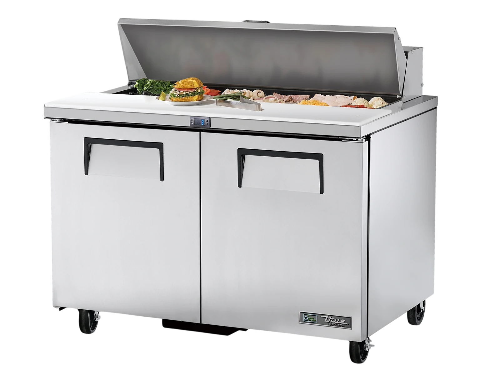 True TSSU-48-12-HC Prep Table, 12x 1/6 Top Pans, 2 Solid Swing Doors