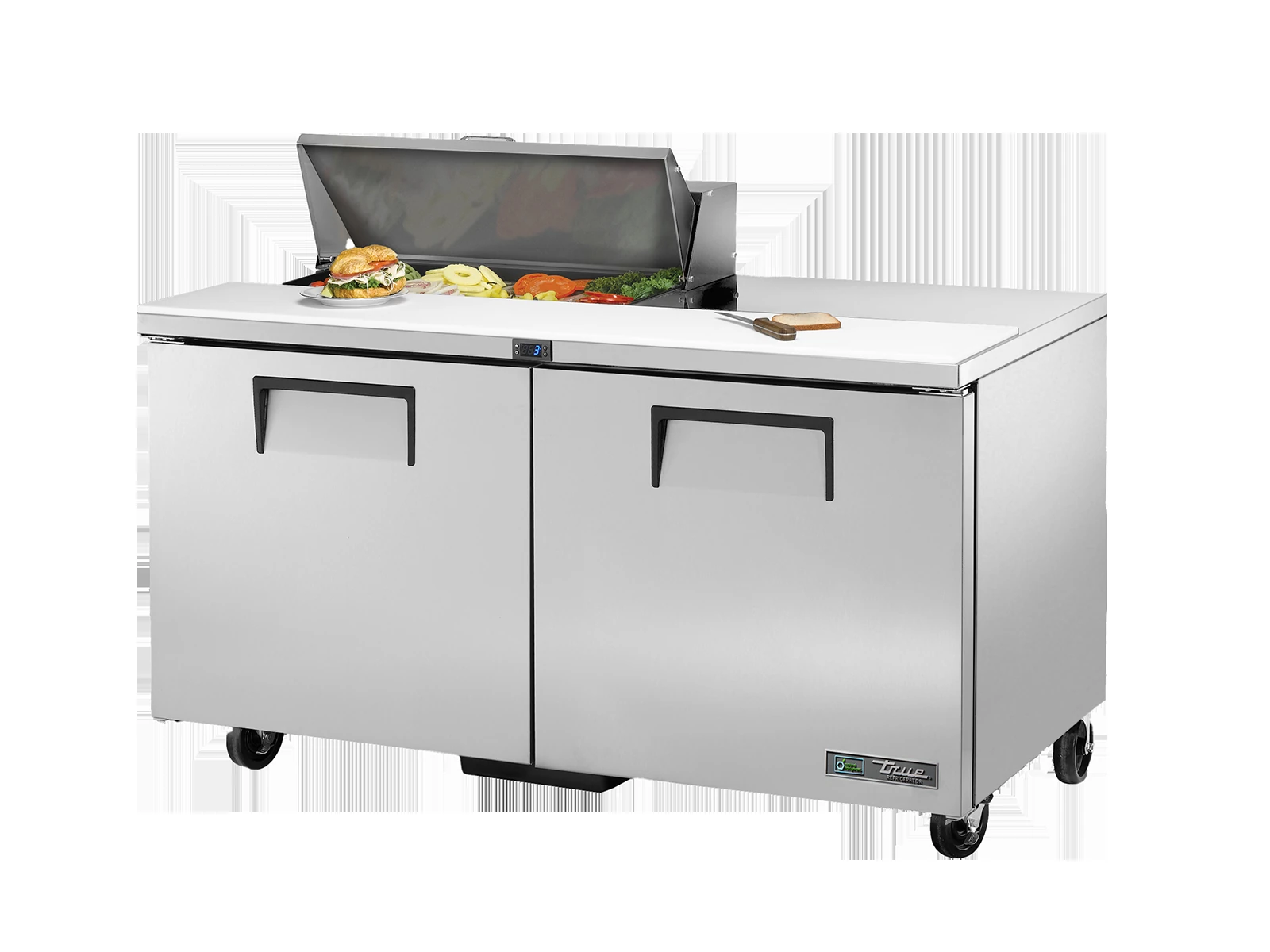 True TSSU-60-08-HC Prep Table, 8x 1/6 Top Pans, 2 Solid Swing Doors