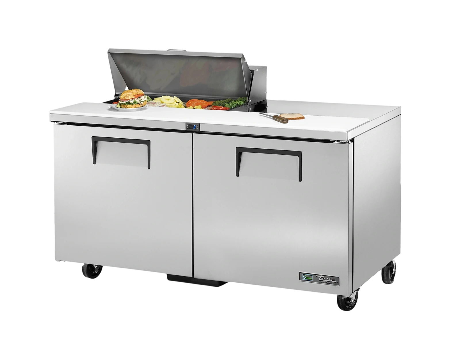 True TSSU-60-08-HC Prep Table, 8x 1/6 Top Pans, 2 Solid Swing Doors
