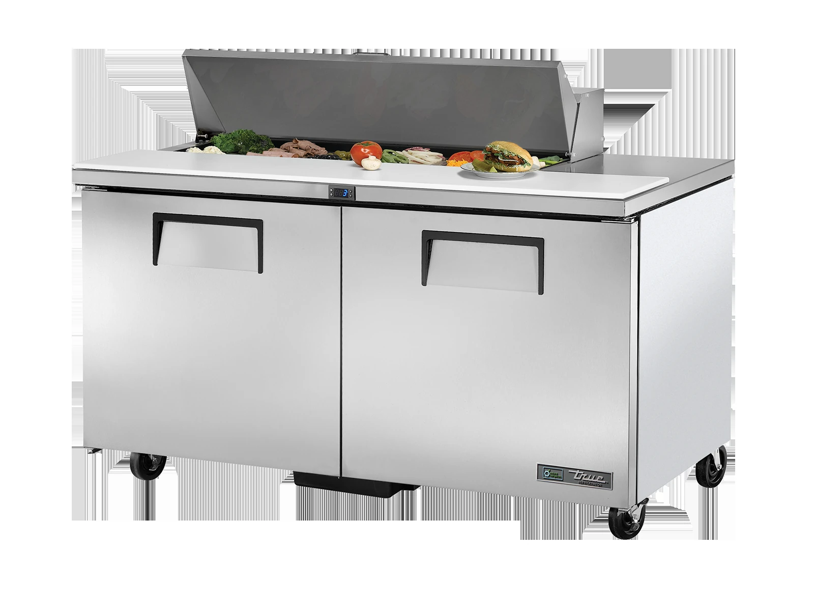 True TSSU-60-12-HC Prep Table, 12x 1/6 Top Pans, 2 Solid Swing Doors
