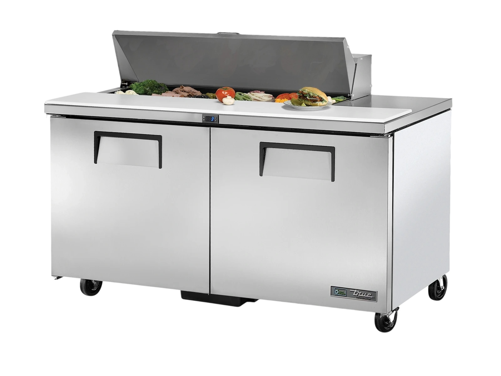 True TSSU-60-12-HC Prep Table, 12x 1/6 Top Pans, 2 Solid Swing Doors