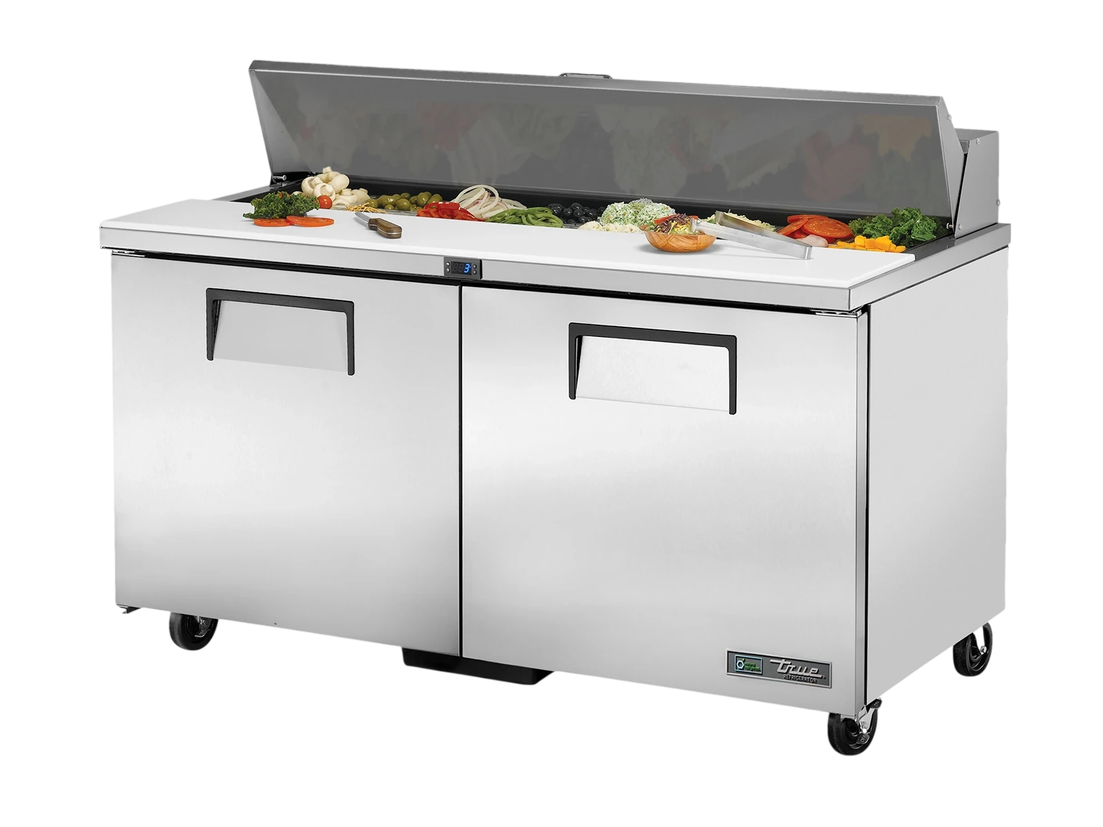 True TSSU-60-16-HC Prep Table, 16x 1/6 Top Pans, 2 Solid Swing Doors