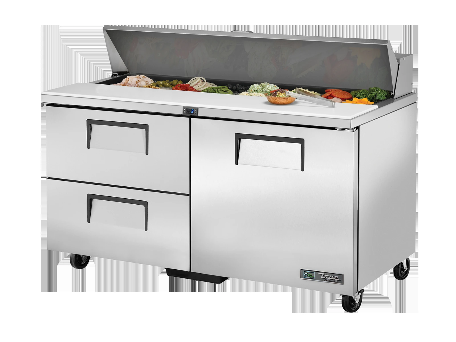True TSSU-60-16D-2-HC Prep Table, 16x 1/6 Top Pans, 2 Drawers + 1 Solid Swing Door