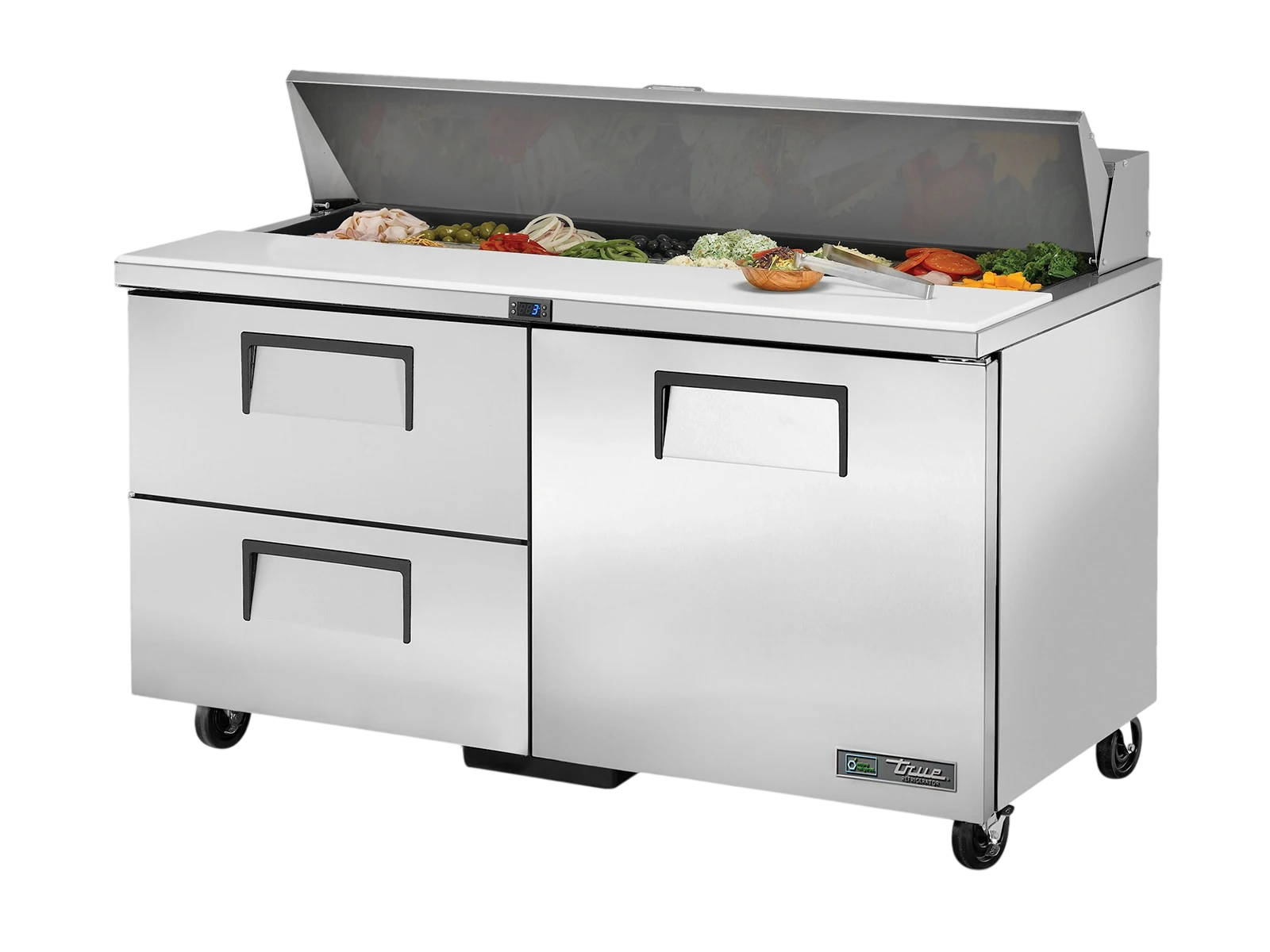 True TSSU-60-16D-2-HC Prep Table, 16x 1/6 Top Pans, 2 Drawers + 1 Solid Swing Door