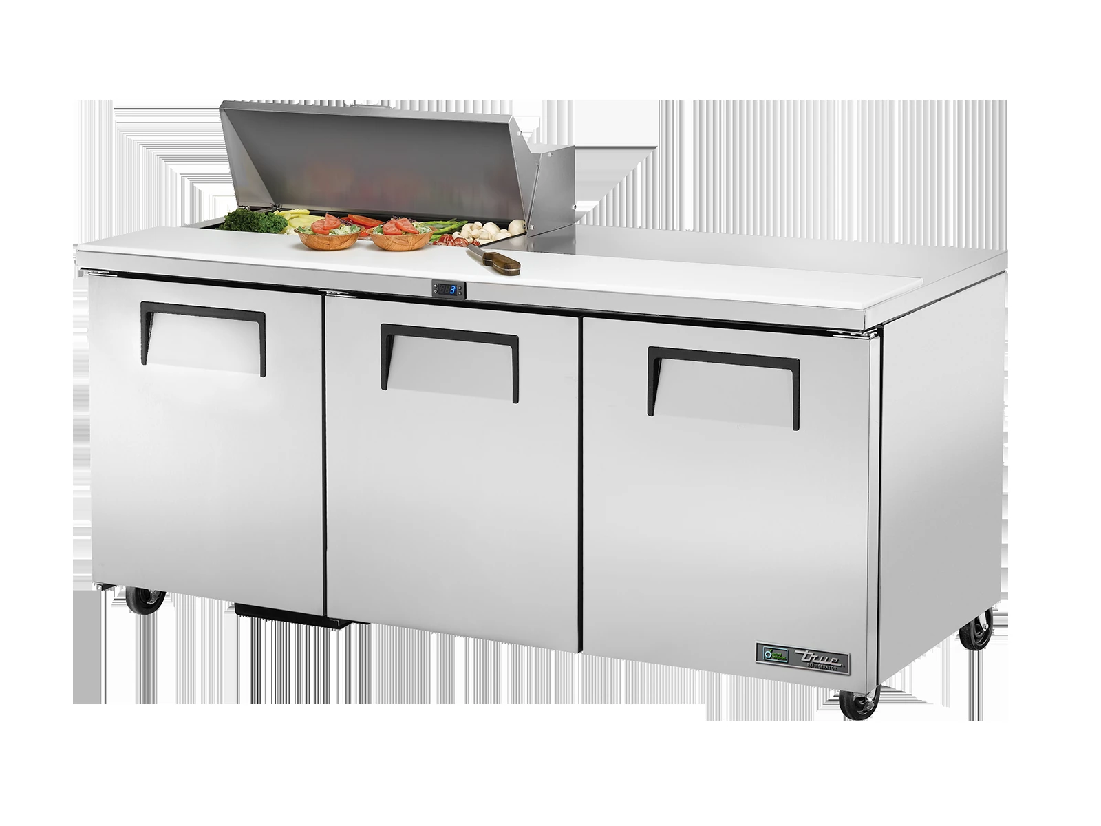 True TSSU-72-08-HC Prep Table, 8x 1/6 Top Pans, 3 Solid Swing Doors