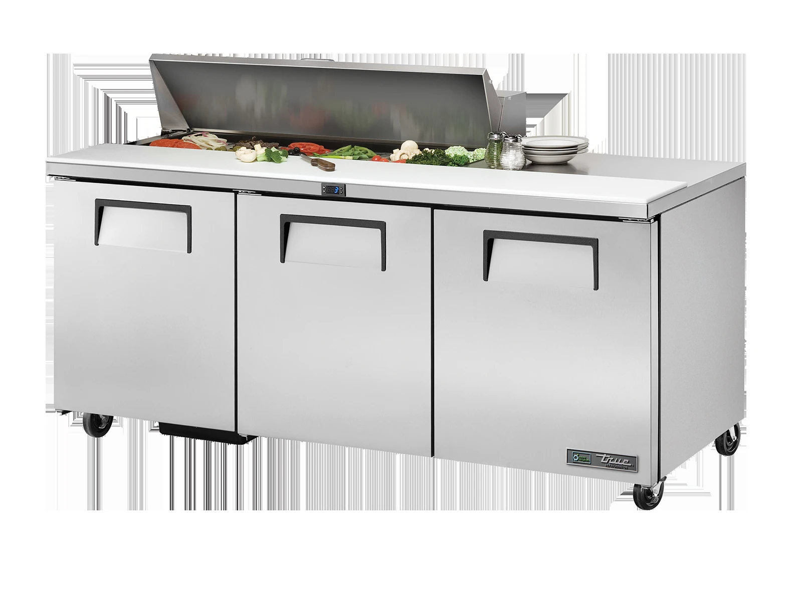 True TSSU-72-12-HC Prep Table, 12x 1/6 Top Pans, 3 Solid Swing Doors