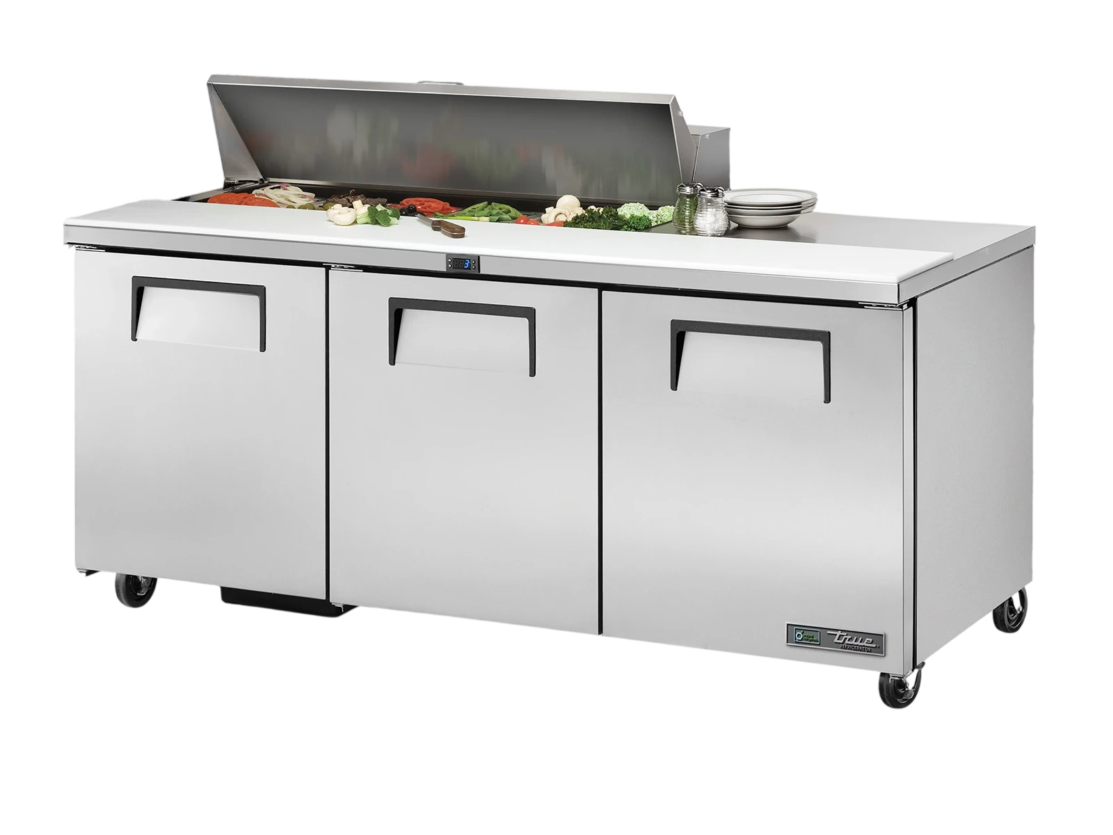 True TSSU-72-12-HC Prep Table, 12x 1/6 Top Pans, 3 Solid Swing Doors