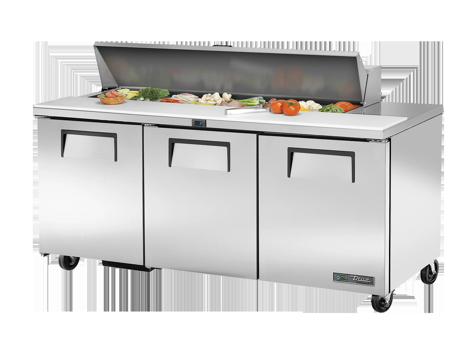 True TSSU-72-16-HC Prep Table, 16x 1/6 Top Pans, 3 Solid Swing Doors