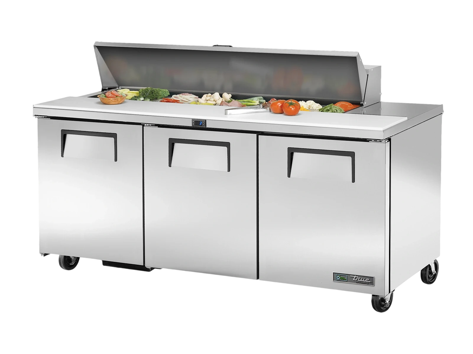 True TSSU-72-16-HC Prep Table, 16x 1/6 Top Pans, 3 Solid Swing Doors